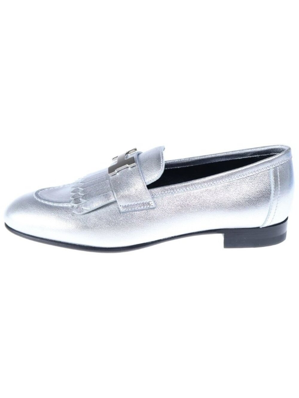 Hermes Constance Tassel Loafers H Logo Buckle Leather Silver